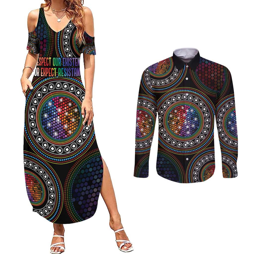 Australia Indigenous Couples Matching Summer Maxi Dress and Long Sleeve Button Shirt First Nation LGBT - Respect Our Existence - Aussie Hoodie