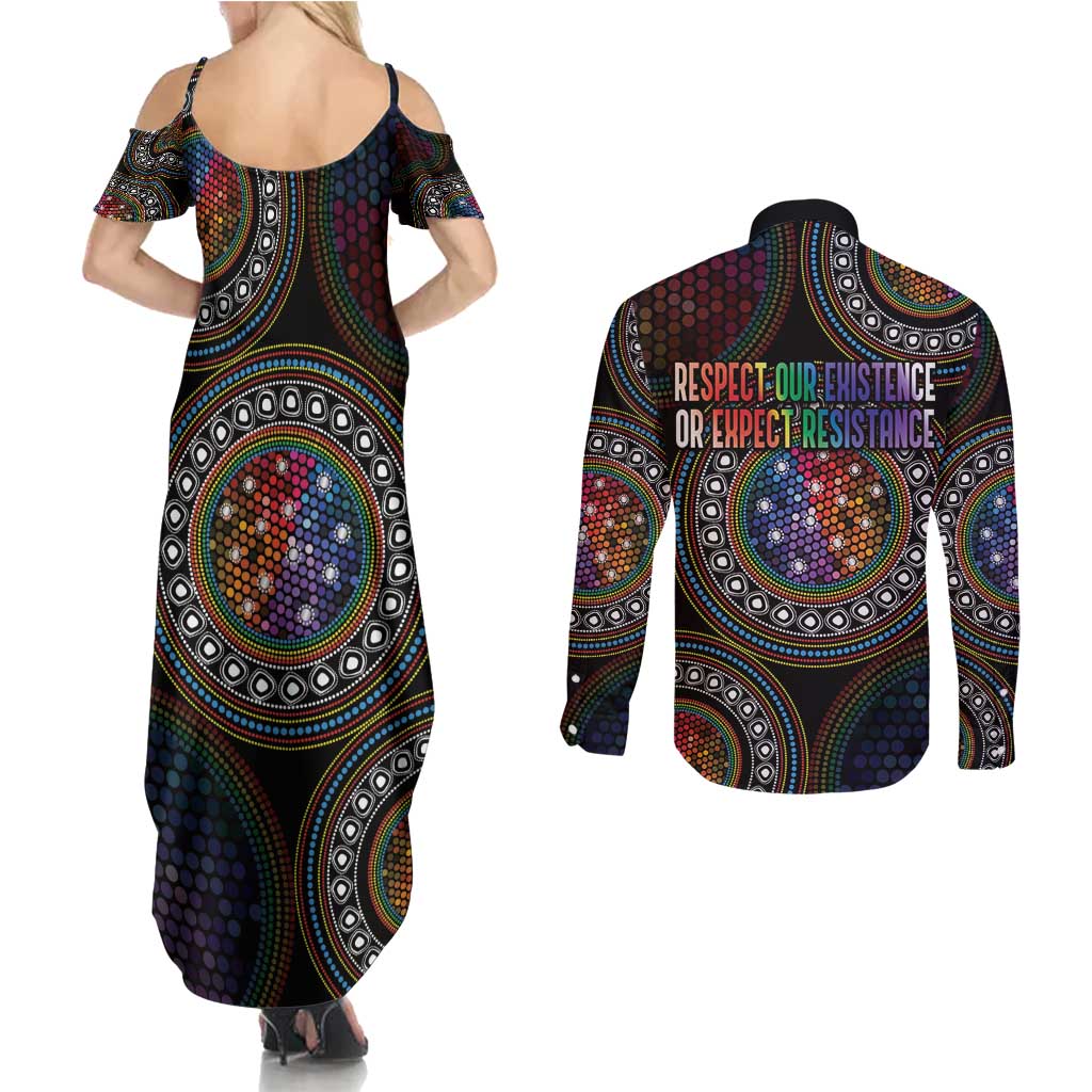 Australia Indigenous Couples Matching Summer Maxi Dress and Long Sleeve Button Shirt First Nation LGBT - Respect Our Existence - Aussie Hoodie