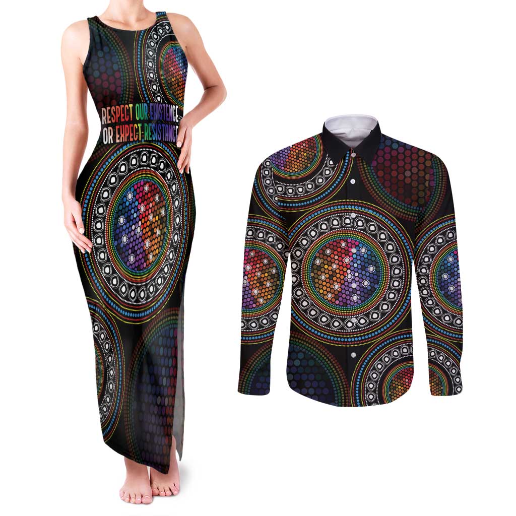 Australia Indigenous Couples Matching Tank Maxi Dress and Long Sleeve Button Shirt First Nation LGBT - Respect Our Existence - Aussie Hoodie