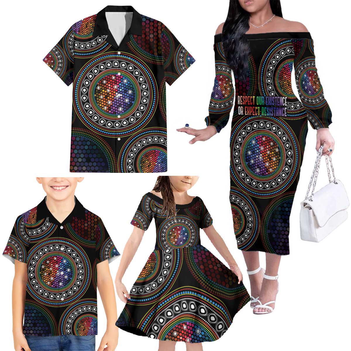 Australia Indigenous Family Matching Off The Shoulder Long Sleeve Dress and Hawaiian Shirt First Nation LGBT - Respect Our Existence - Aussie Hoodie