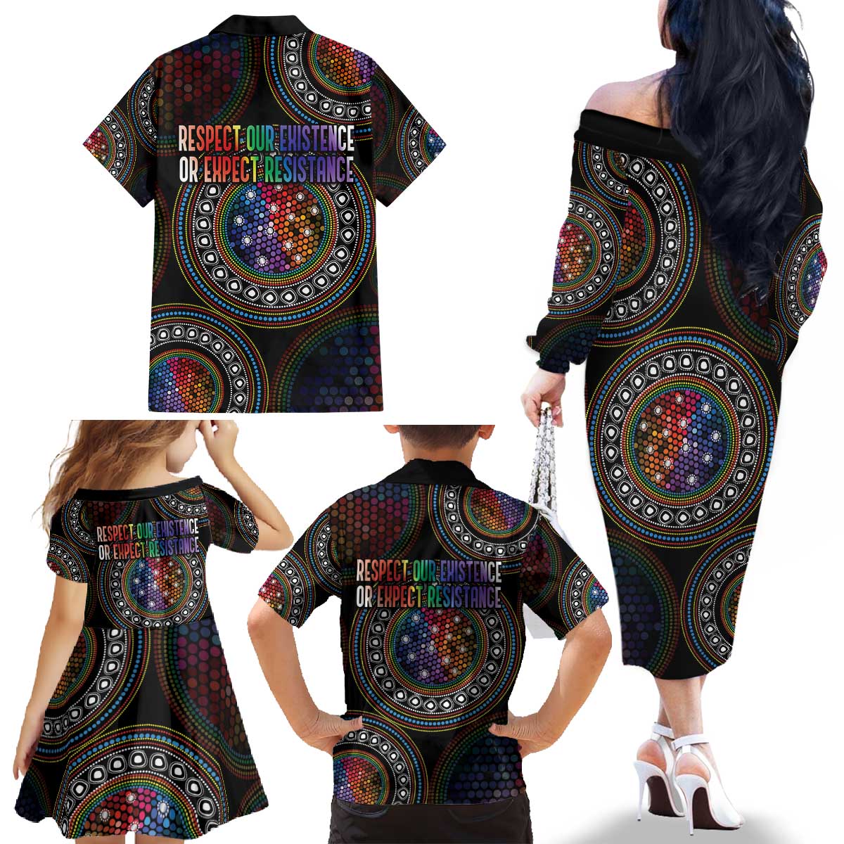 Australia Indigenous Family Matching Off The Shoulder Long Sleeve Dress and Hawaiian Shirt First Nation LGBT - Respect Our Existence - Aussie Hoodie