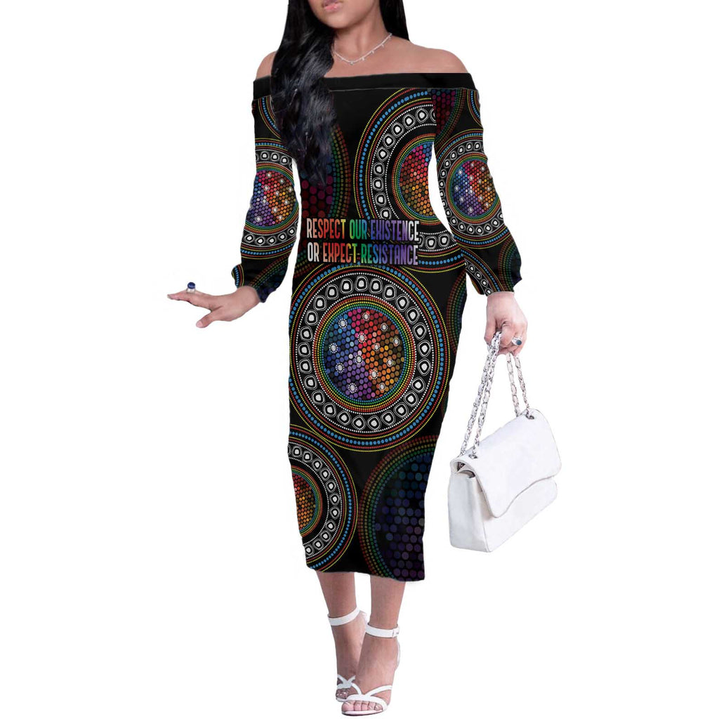 Australia Indigenous Off The Shoulder Long Sleeve Dress First Nation LGBT - Respect Our Existence - Aussie Hoodie