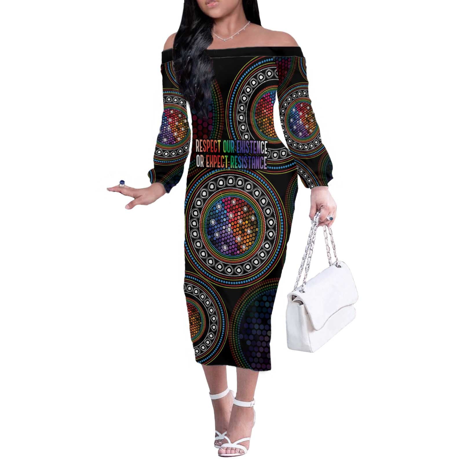 Australia Indigenous Off The Shoulder Long Sleeve Dress First Nation LGBT - Respect Our Existence - Aussie Hoodie