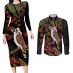 Australia Indigenous Christmas Couples Matching Long Sleeve Bodycon Dress and Long Sleeve Button Shirt Kookaburra Aboriginal