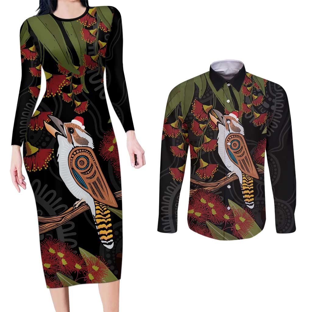 Australia Indigenous Christmas Couples Matching Long Sleeve Bodycon Dress and Long Sleeve Button Shirt Kookaburra Aboriginal