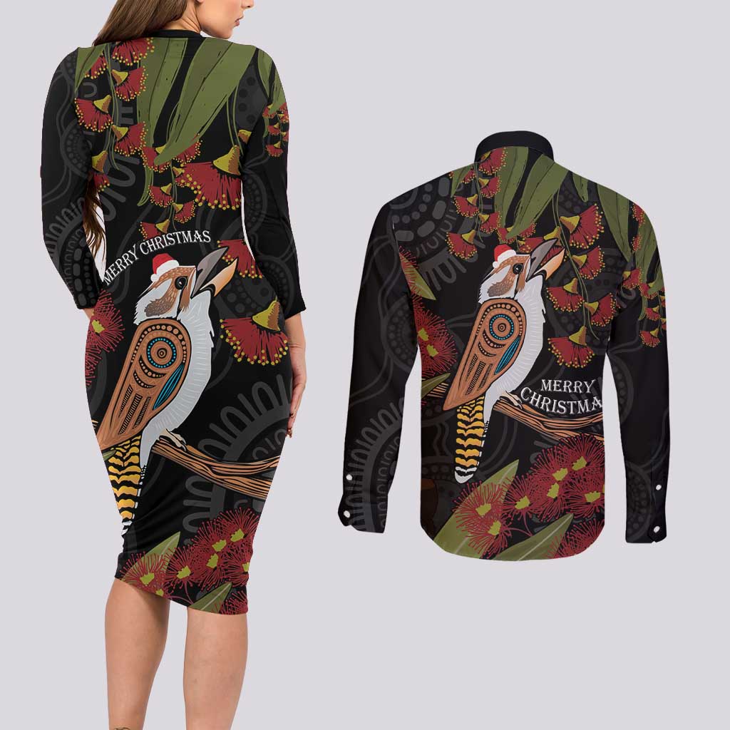 Australia Indigenous Christmas Couples Matching Long Sleeve Bodycon Dress and Long Sleeve Button Shirt Kookaburra Aboriginal