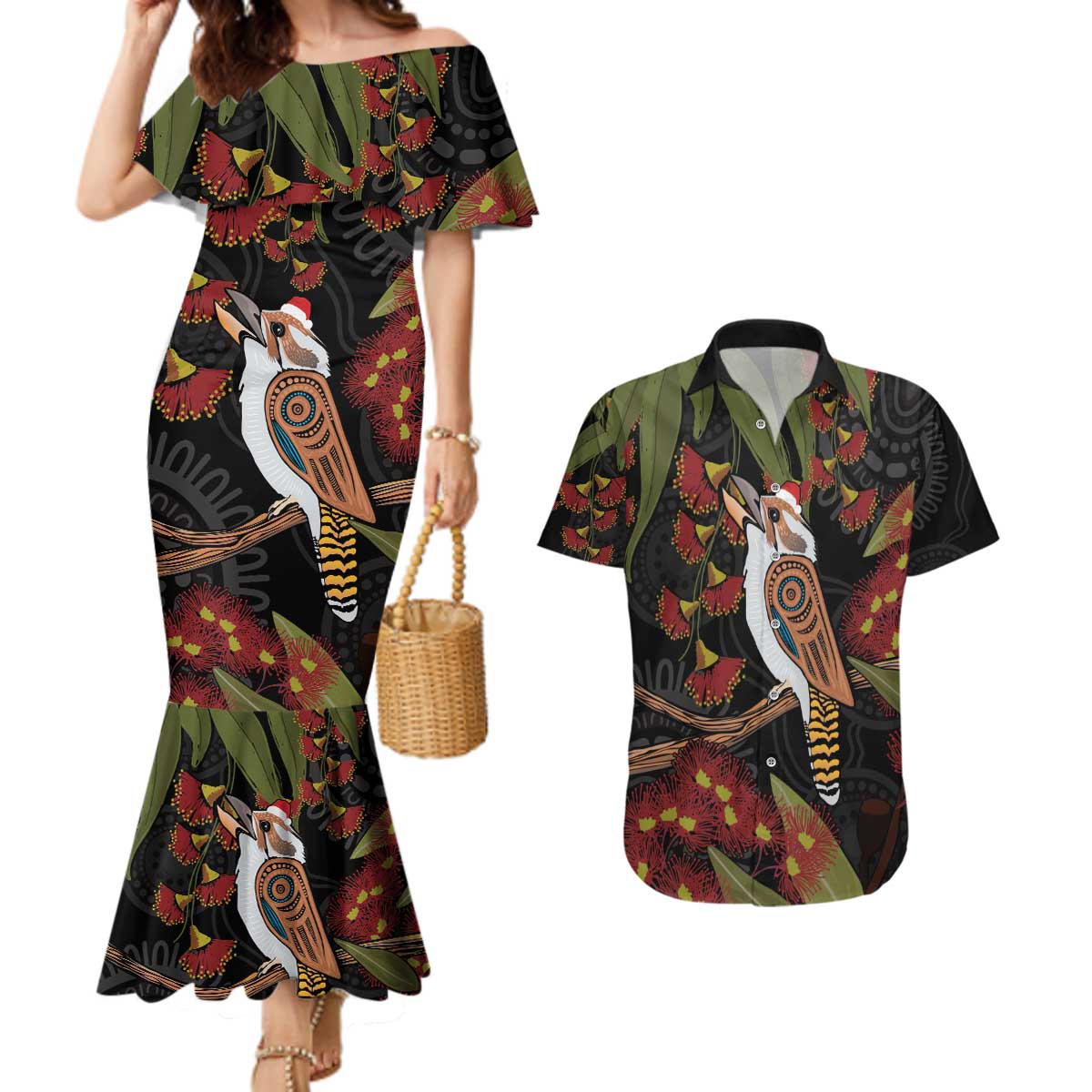 Australia Indigenous Christmas Couples Matching Mermaid Dress and Hawaiian Shirt Kookaburra Aboriginal