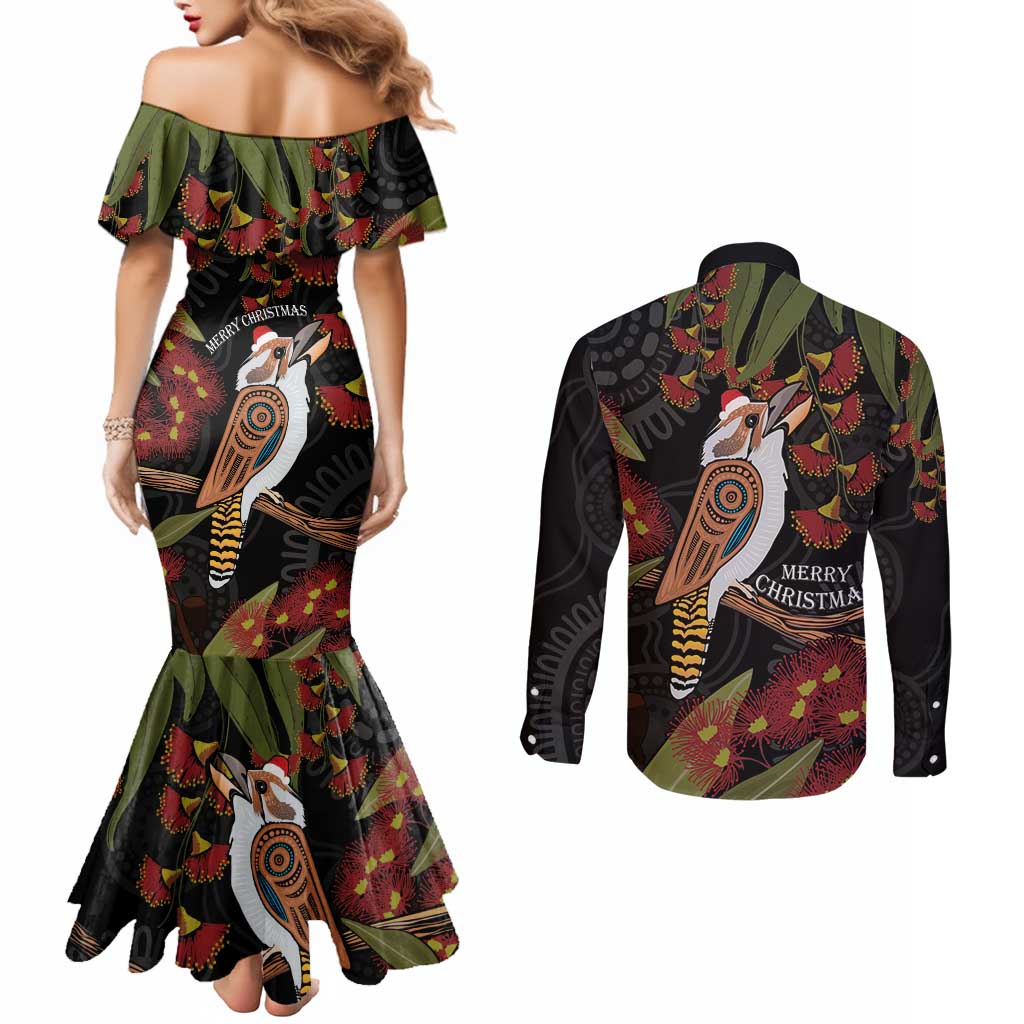 Australia Indigenous Christmas Couples Matching Mermaid Dress and Long Sleeve Button Shirt Kookaburra Aboriginal