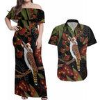 Australia Indigenous Christmas Couples Matching Off Shoulder Maxi Dress and Hawaiian Shirt Kookaburra Aboriginal