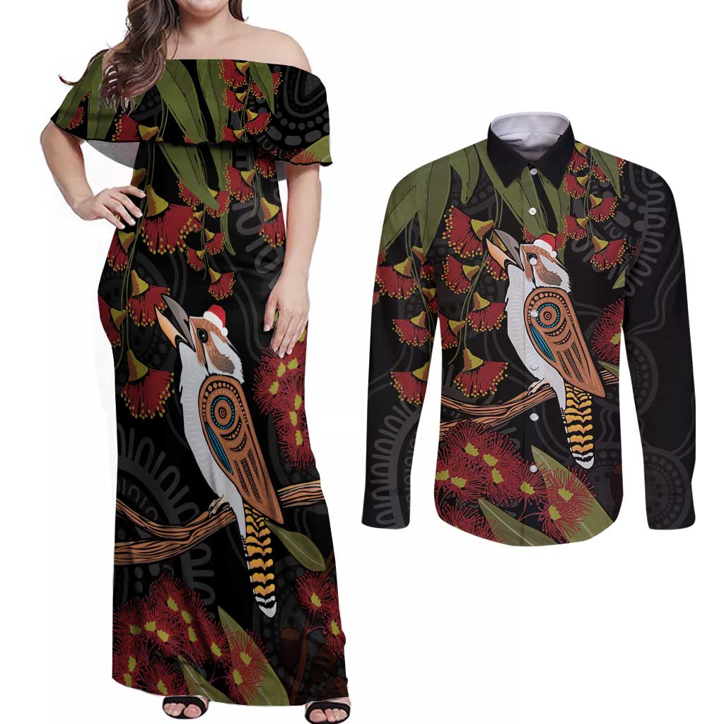 Australia Indigenous Christmas Couples Matching Off Shoulder Maxi Dress and Long Sleeve Button Shirt Kookaburra Aboriginal