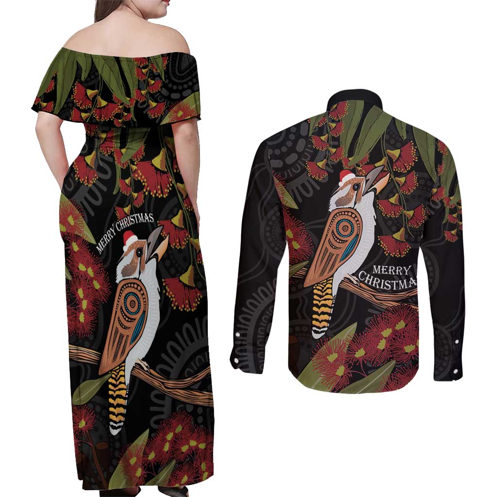 Australia Indigenous Christmas Couples Matching Off Shoulder Maxi Dress and Long Sleeve Button Shirt Kookaburra Aboriginal