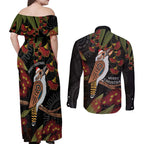 Australia Indigenous Christmas Couples Matching Off Shoulder Maxi Dress and Long Sleeve Button Shirt Kookaburra Aboriginal