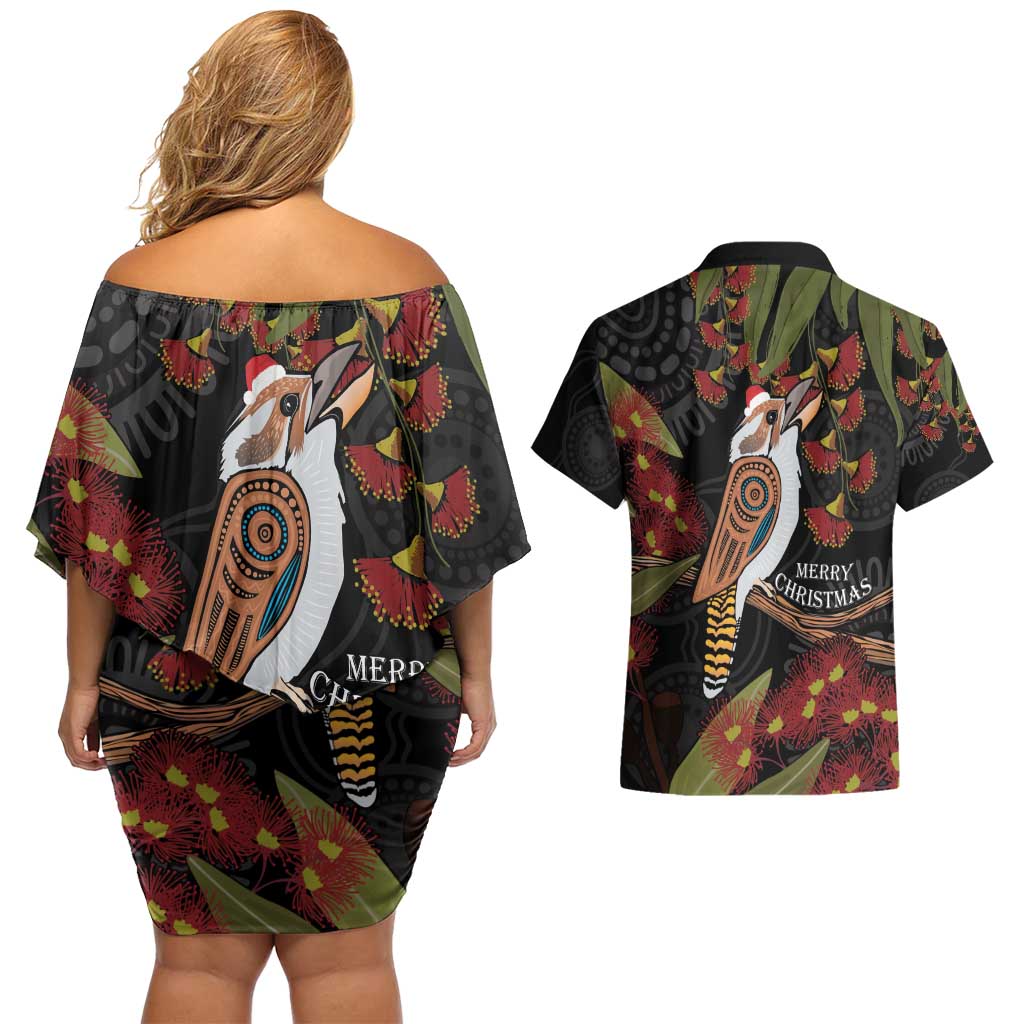 Australia Indigenous Christmas Couples Matching Off Shoulder Short Dress and Hawaiian Shirt Kookaburra Aboriginal