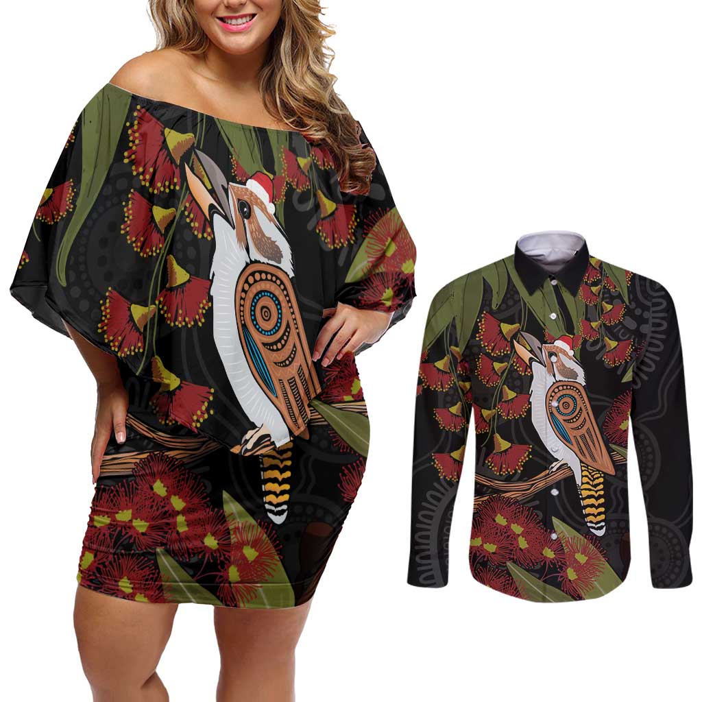 Australia Indigenous Christmas Couples Matching Off Shoulder Short Dress and Long Sleeve Button Shirt Kookaburra Aboriginal