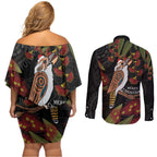 Australia Indigenous Christmas Couples Matching Off Shoulder Short Dress and Long Sleeve Button Shirt Kookaburra Aboriginal