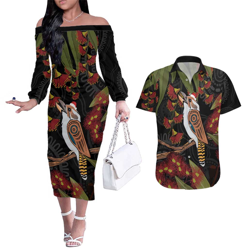 Australia Indigenous Christmas Couples Matching Off The Shoulder Long Sleeve Dress and Hawaiian Shirt Kookaburra Aboriginal