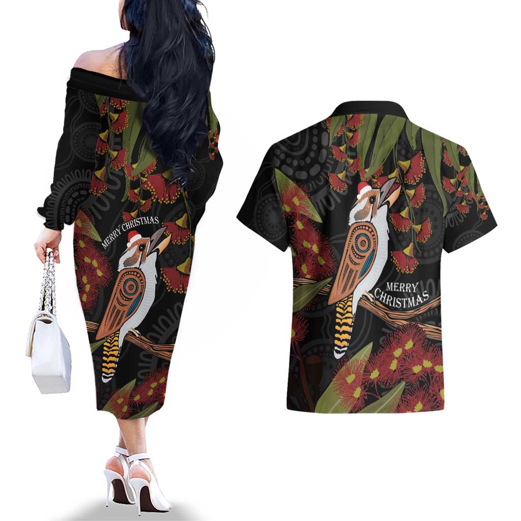 Australia Indigenous Christmas Couples Matching Off The Shoulder Long Sleeve Dress and Hawaiian Shirt Kookaburra Aboriginal
