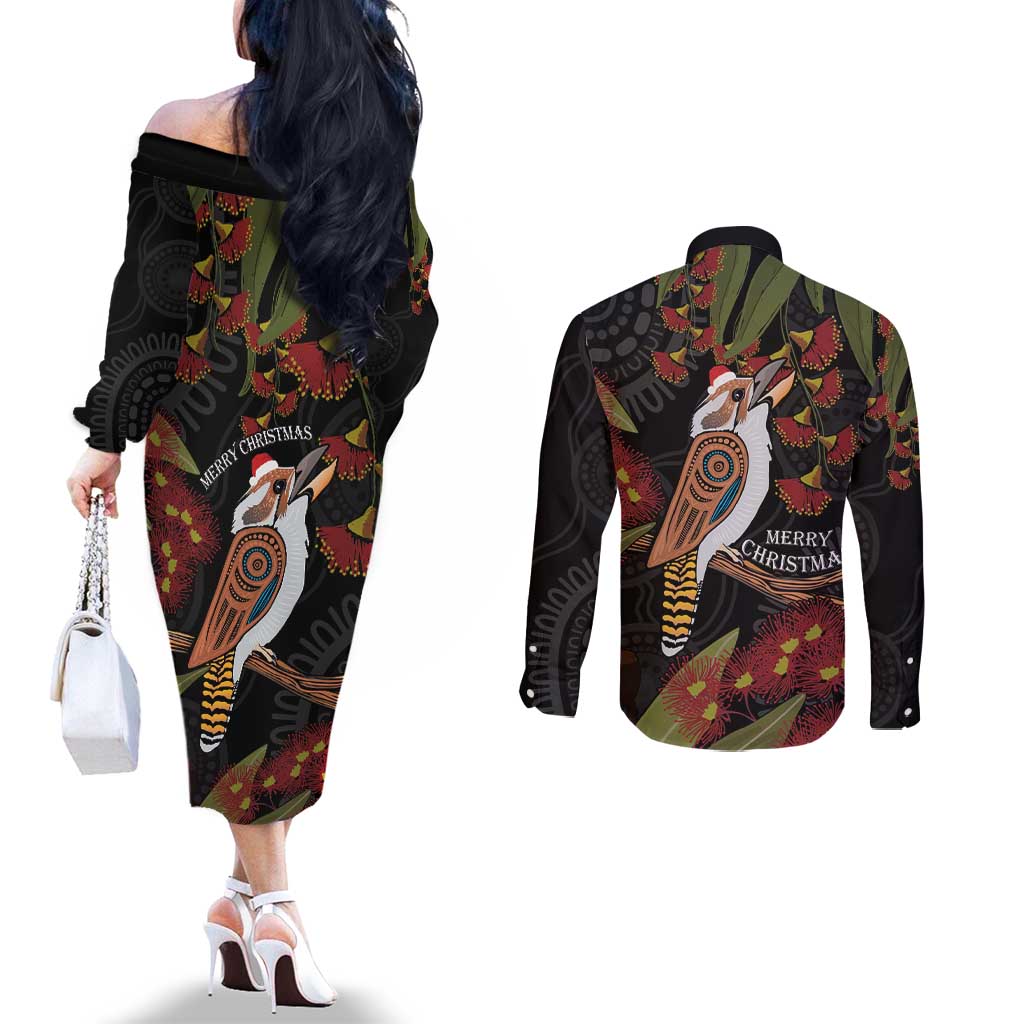 Australia Indigenous Christmas Couples Matching Off The Shoulder Long Sleeve Dress and Long Sleeve Button Shirt Kookaburra Aboriginal