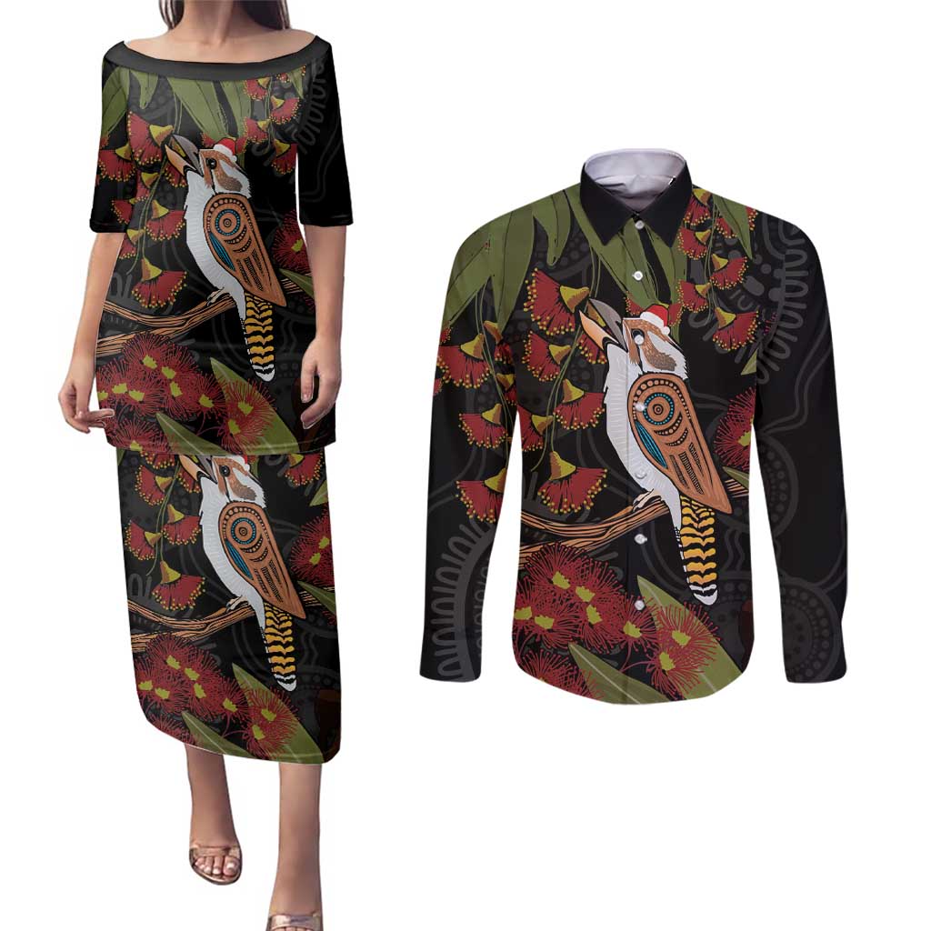 Australia Indigenous Christmas Couples Matching Puletasi and Long Sleeve Button Shirt Kookaburra Aboriginal
