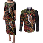 Australia Indigenous Christmas Couples Matching Puletasi and Long Sleeve Button Shirt Kookaburra Aboriginal