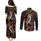 Australia Indigenous Christmas Couples Matching Puletasi and Long Sleeve Button Shirt Kookaburra Aboriginal