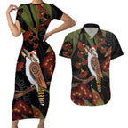 Australia Indigenous Christmas Couples Matching Short Sleeve Bodycon Dress and Hawaiian Shirt Kookaburra Aboriginal