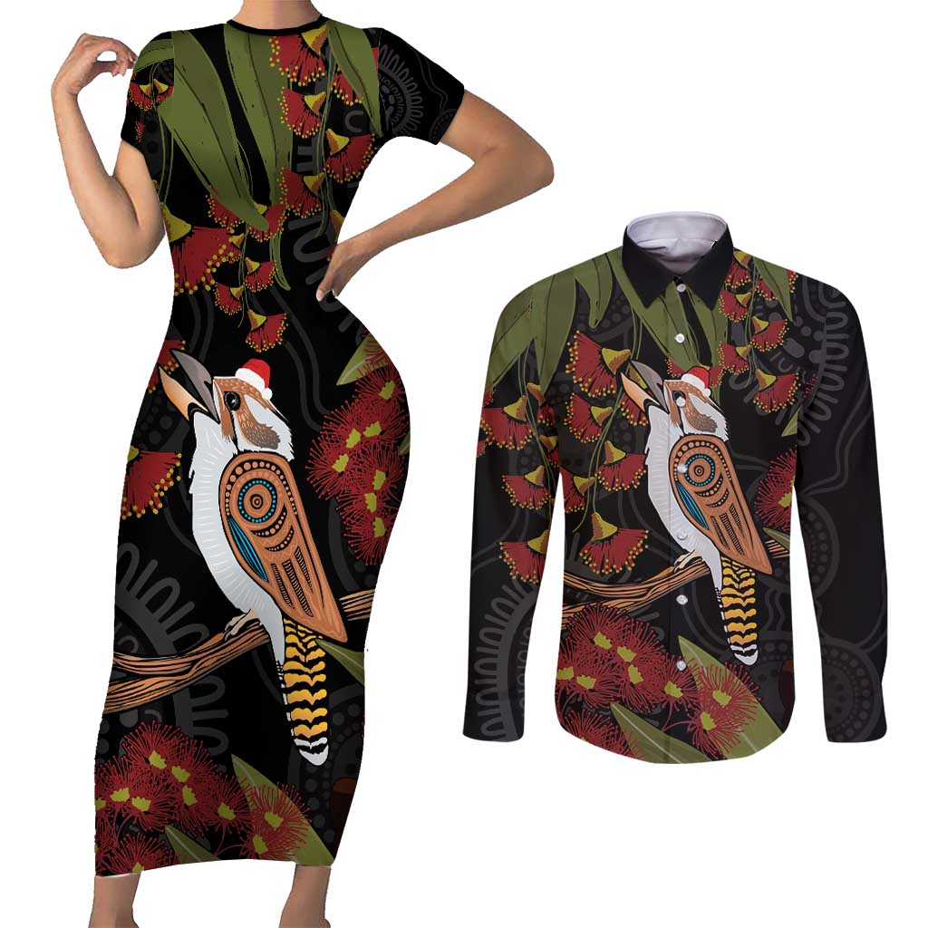 Australia Indigenous Christmas Couples Matching Short Sleeve Bodycon Dress and Long Sleeve Button Shirt Kookaburra Aboriginal