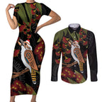 Australia Indigenous Christmas Couples Matching Short Sleeve Bodycon Dress and Long Sleeve Button Shirt Kookaburra Aboriginal
