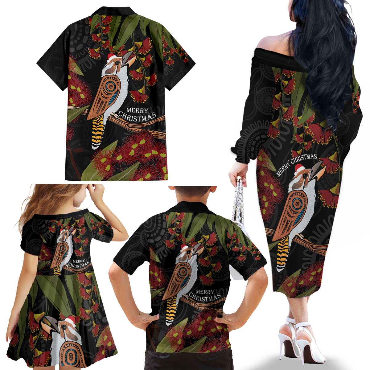 Australia Indigenous Christmas Family Matching Off The Shoulder Long Sleeve Dress and Hawaiian Shirt Kookaburra Aboriginal