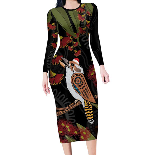 Australia Indigenous Christmas Long Sleeve Bodycon Dress Kookaburra Aboriginal