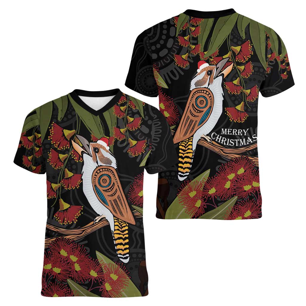 Australia Indigenous Christmas Women V-Neck T-Shirt Kookaburra Aboriginal