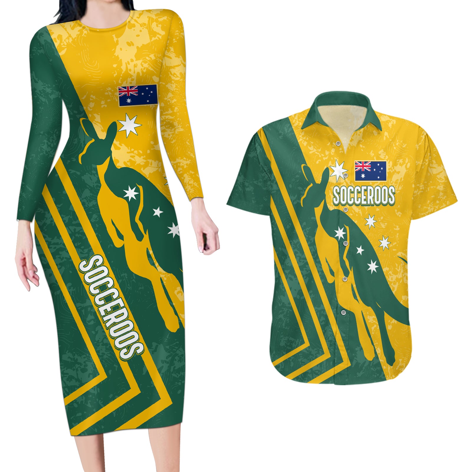 personalised-australia-soccer-couples-matching-long-sleeve-bodycon-dress-and-hawaiian-shirt-green-gold-go-socceroos