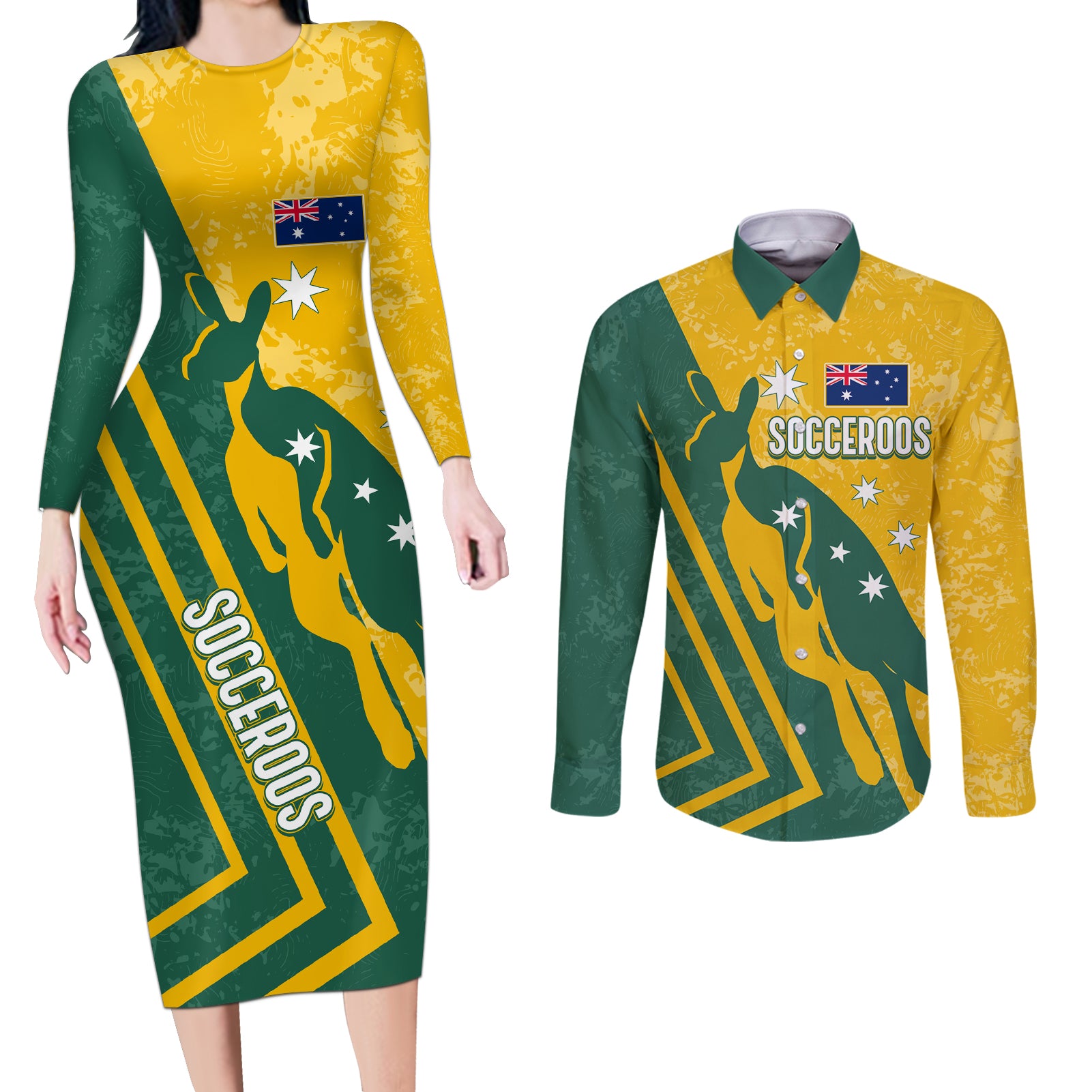 personalised-australia-soccer-couples-matching-long-sleeve-bodycon-dress-and-long-sleeve-button-shirt-green-gold-go-socceroos