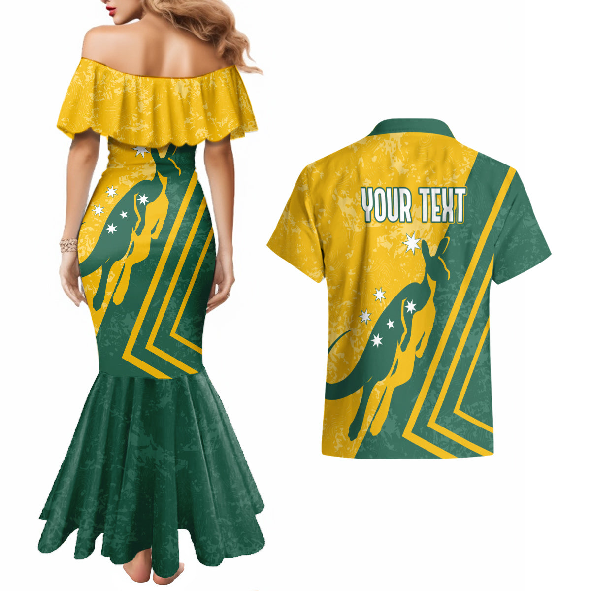 personalised-australia-soccer-couples-matching-mermaid-dress-and-hawaiian-shirt-green-gold-go-socceroos