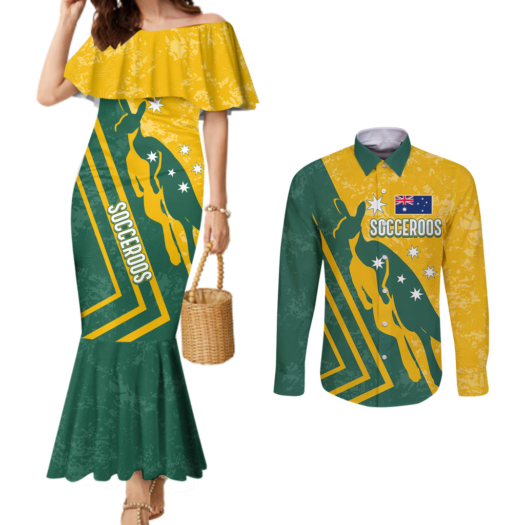 personalised-australia-soccer-couples-matching-mermaid-dress-and-long-sleeve-button-shirt-green-gold-go-socceroos