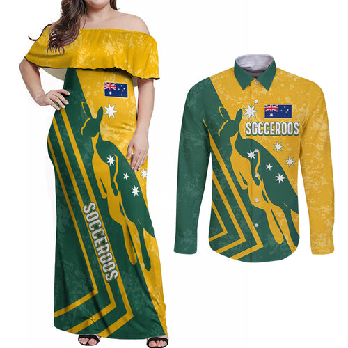 personalised-australia-soccer-couples-matching-off-shoulder-maxi-dress-and-long-sleeve-button-shirt-green-gold-go-socceroos