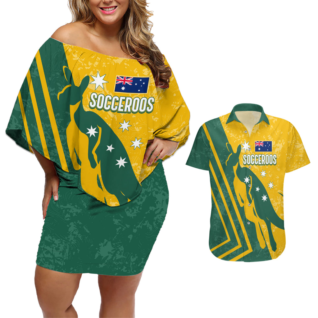 personalised-australia-soccer-couples-matching-off-shoulder-short-dress-and-hawaiian-shirt-green-gold-go-socceroos