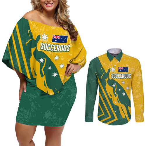personalised-australia-soccer-couples-matching-off-shoulder-short-dress-and-long-sleeve-button-shirt-green-gold-go-socceroos