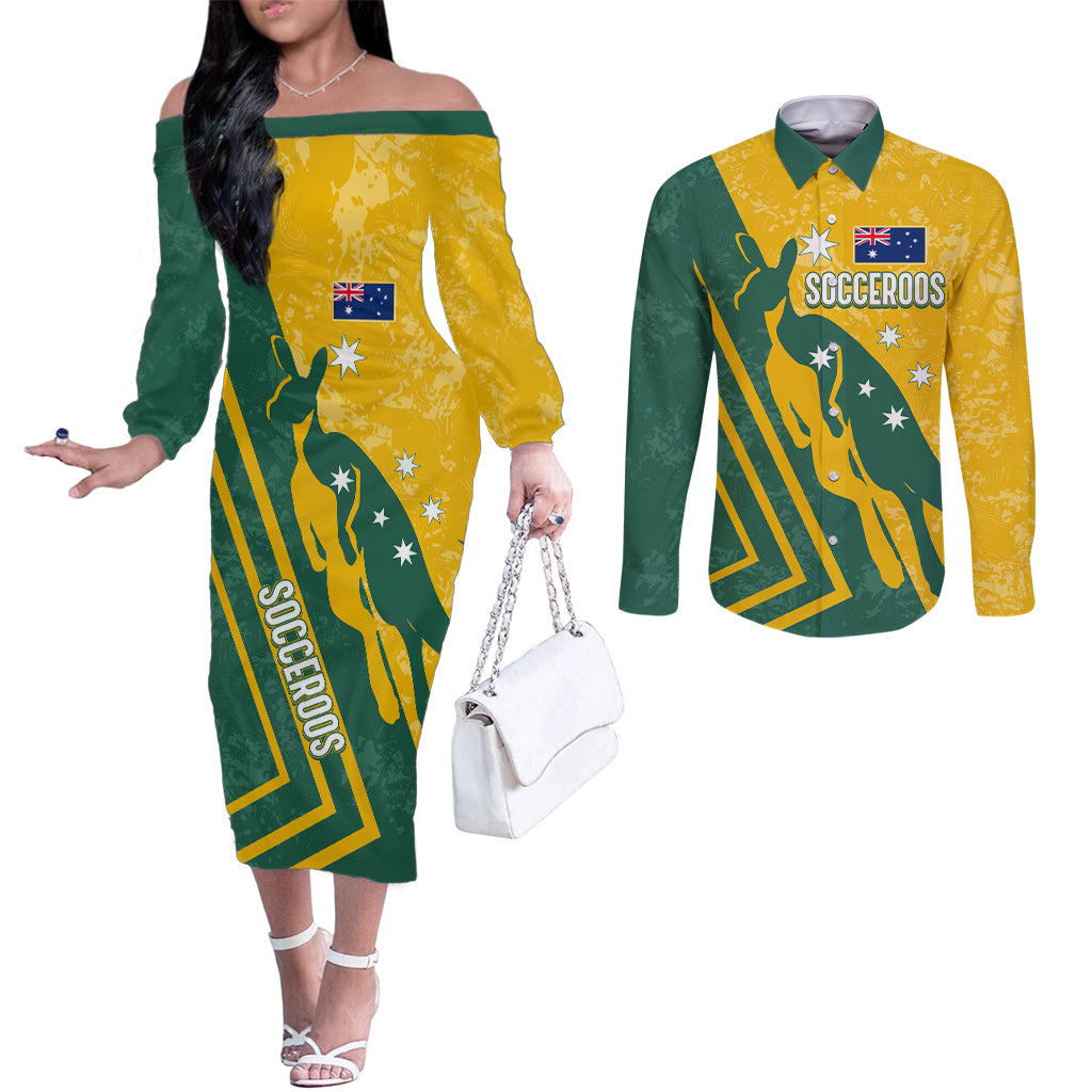 personalised-australia-soccer-couples-matching-off-the-shoulder-long-sleeve-dress-and-long-sleeve-button-shirt-green-gold-go-socceroos