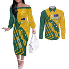 personalised-australia-soccer-couples-matching-off-the-shoulder-long-sleeve-dress-and-long-sleeve-button-shirt-green-gold-go-socceroos