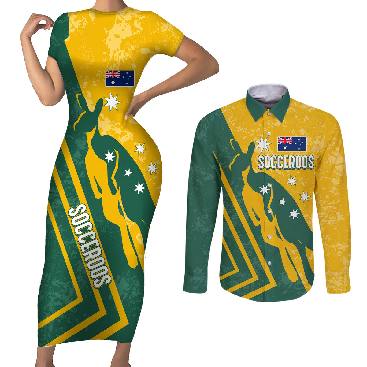 personalised-australia-soccer-couples-matching-short-sleeve-bodycon-dress-and-long-sleeve-button-shirt-green-gold-go-socceroos