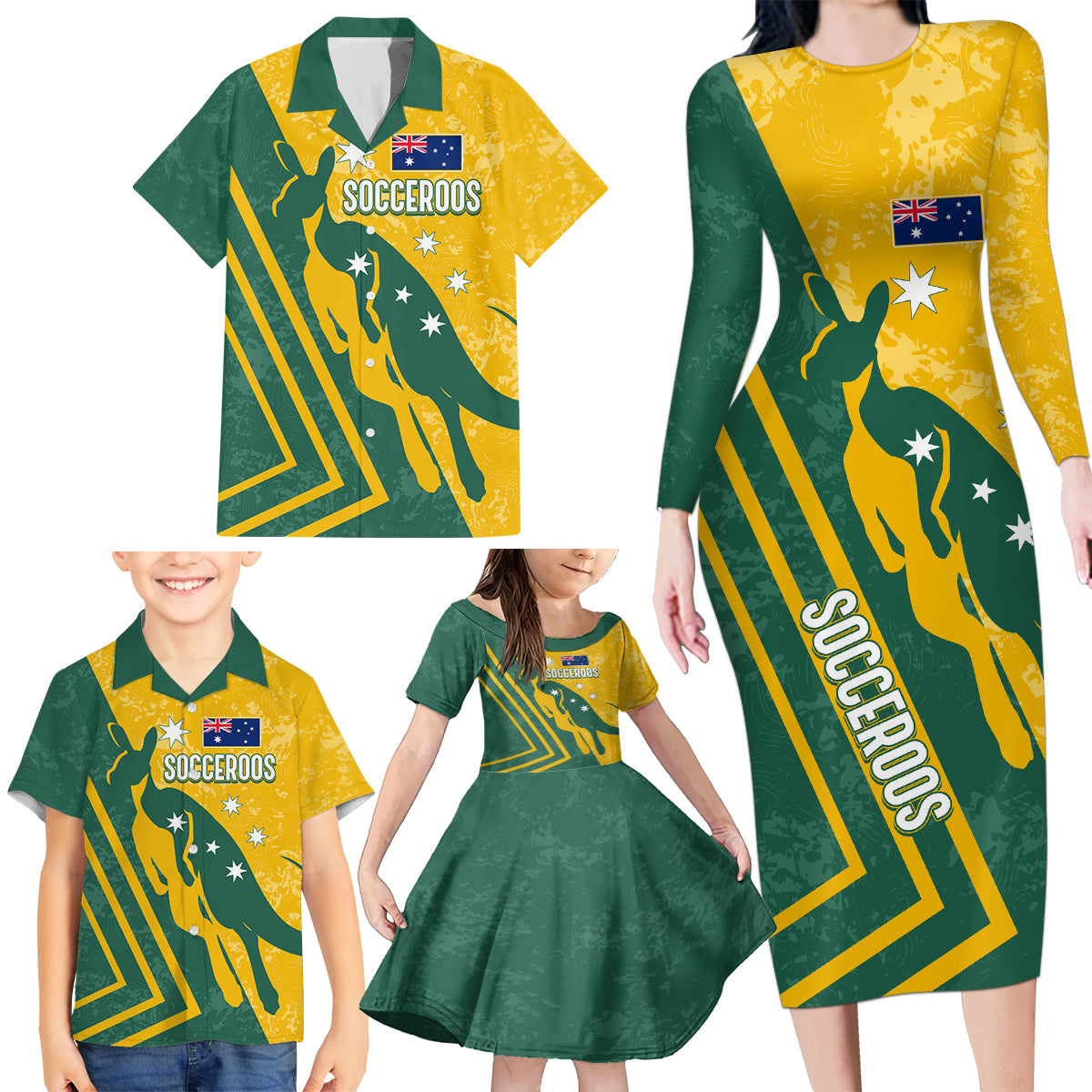 personalised-australia-soccer-family-matching-long-sleeve-bodycon-dress-and-hawaiian-shirt-green-gold-go-socceroos
