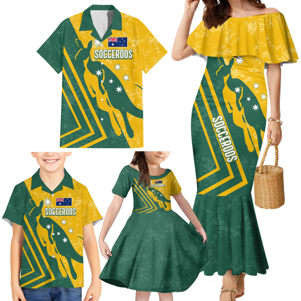 personalised-australia-soccer-family-matching-mermaid-dress-and-hawaiian-shirt-green-gold-go-socceroos
