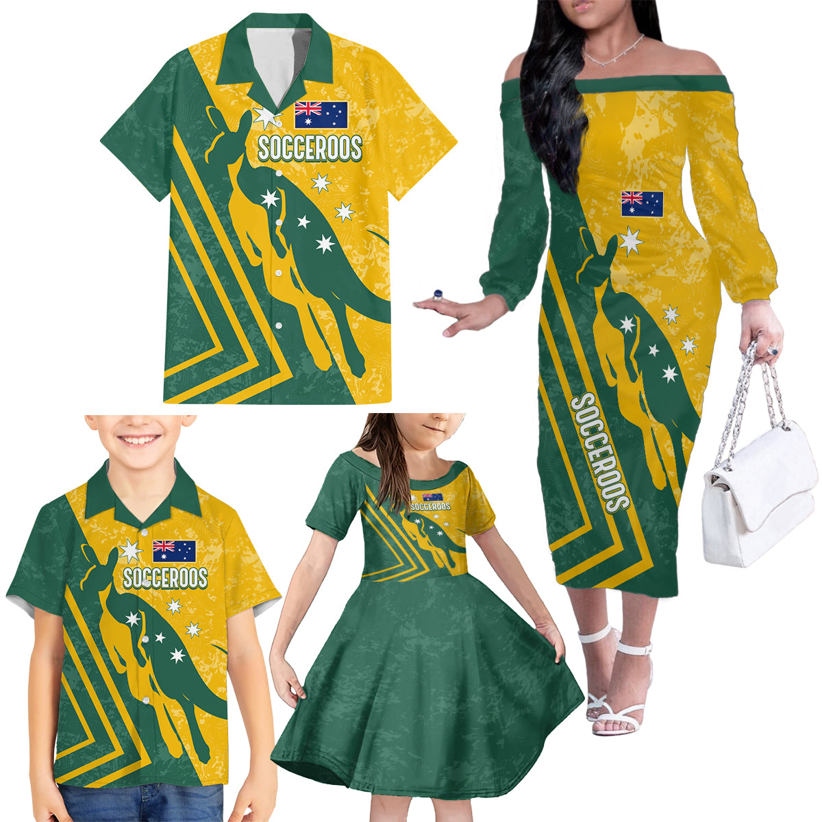 personalised-australia-soccer-family-matching-off-shoulder-long-sleeve-dress-and-hawaiian-shirt-green-gold-go-socceroos