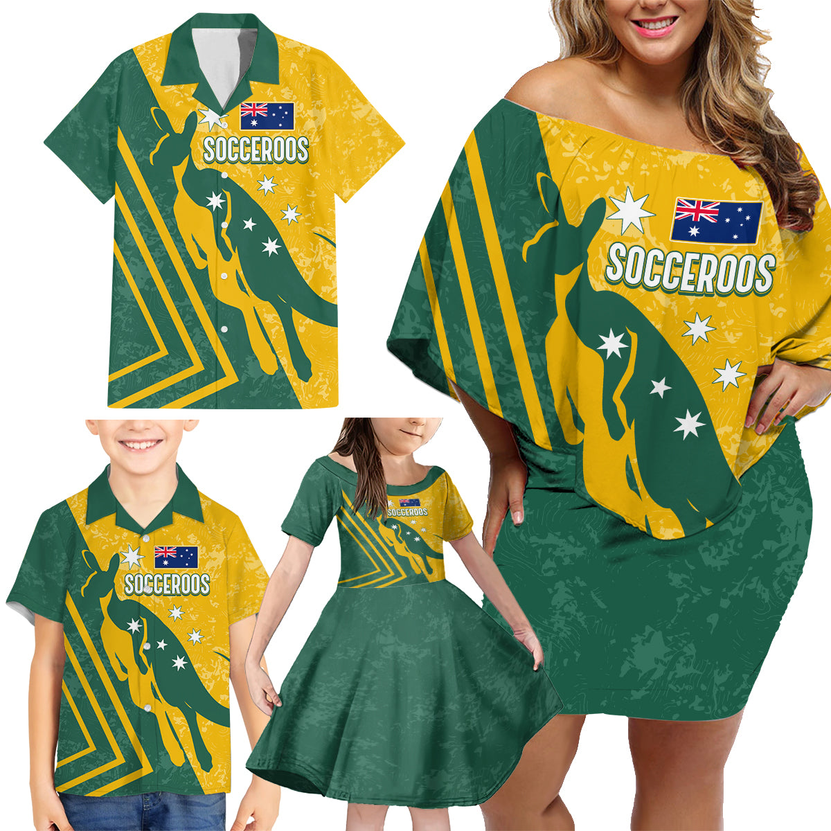 personalised-australia-soccer-family-matching-off-shoulder-short-dress-and-hawaiian-shirt-green-gold-go-socceroos