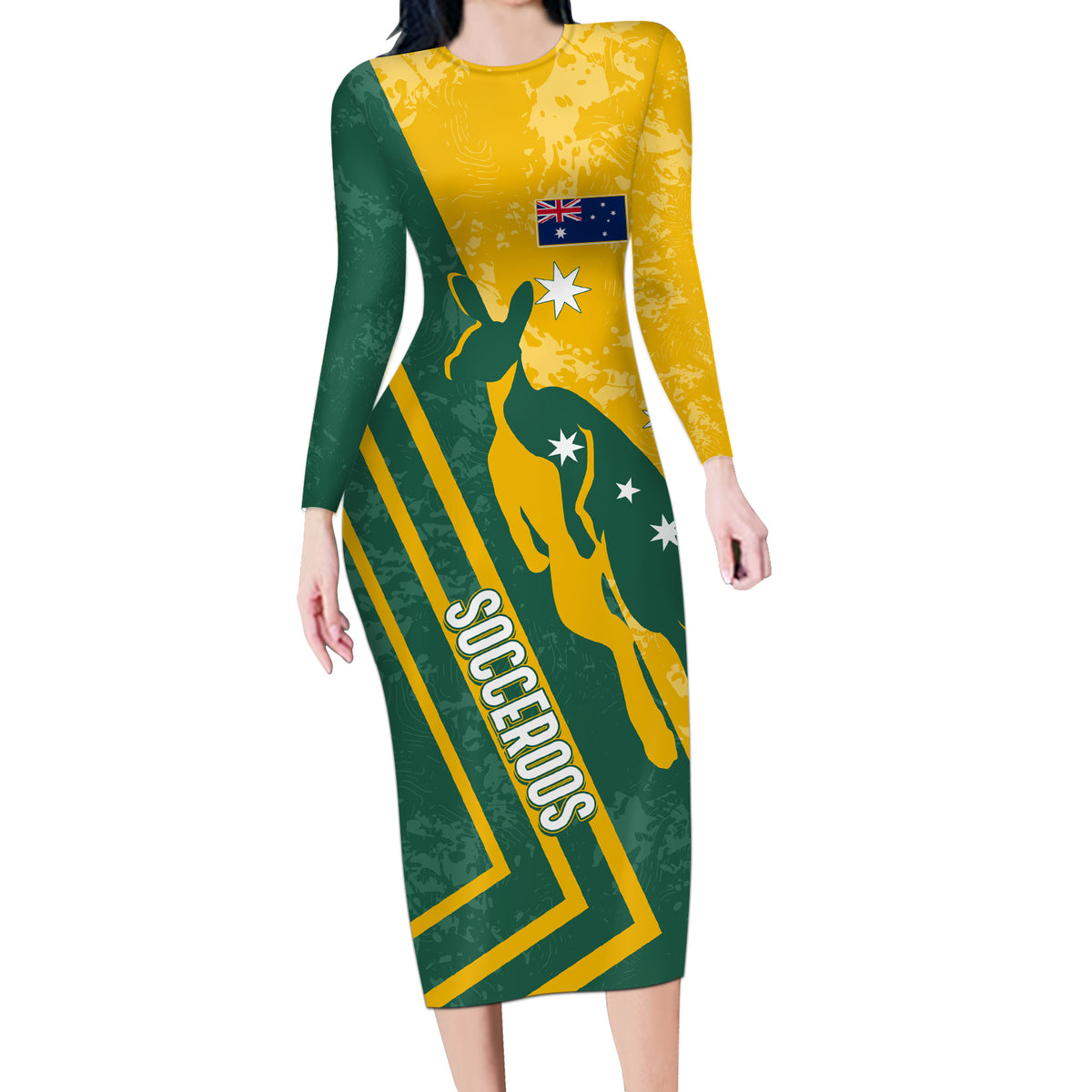 personalised-australia-soccer-long-sleeve-bodycon-dress-green-gold-go-socceroos