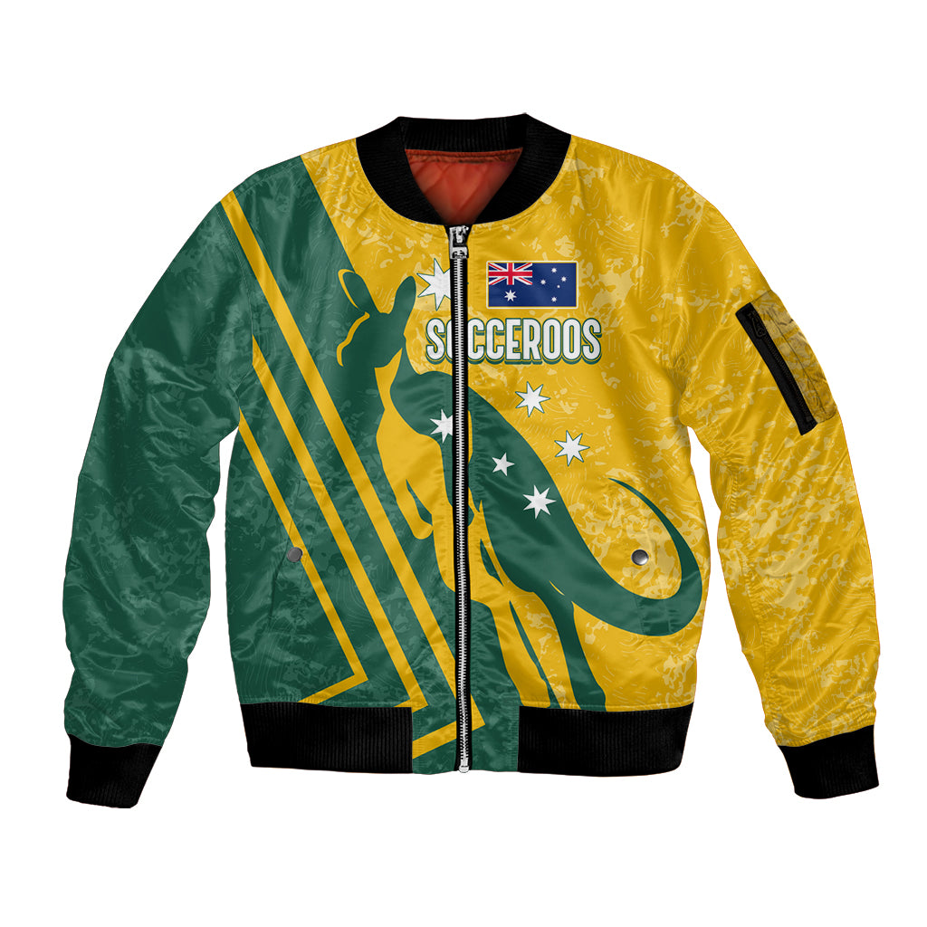 personalised-australia-soccer-sleeve-zip-bomber-jacket-green-gold-go-socceroos