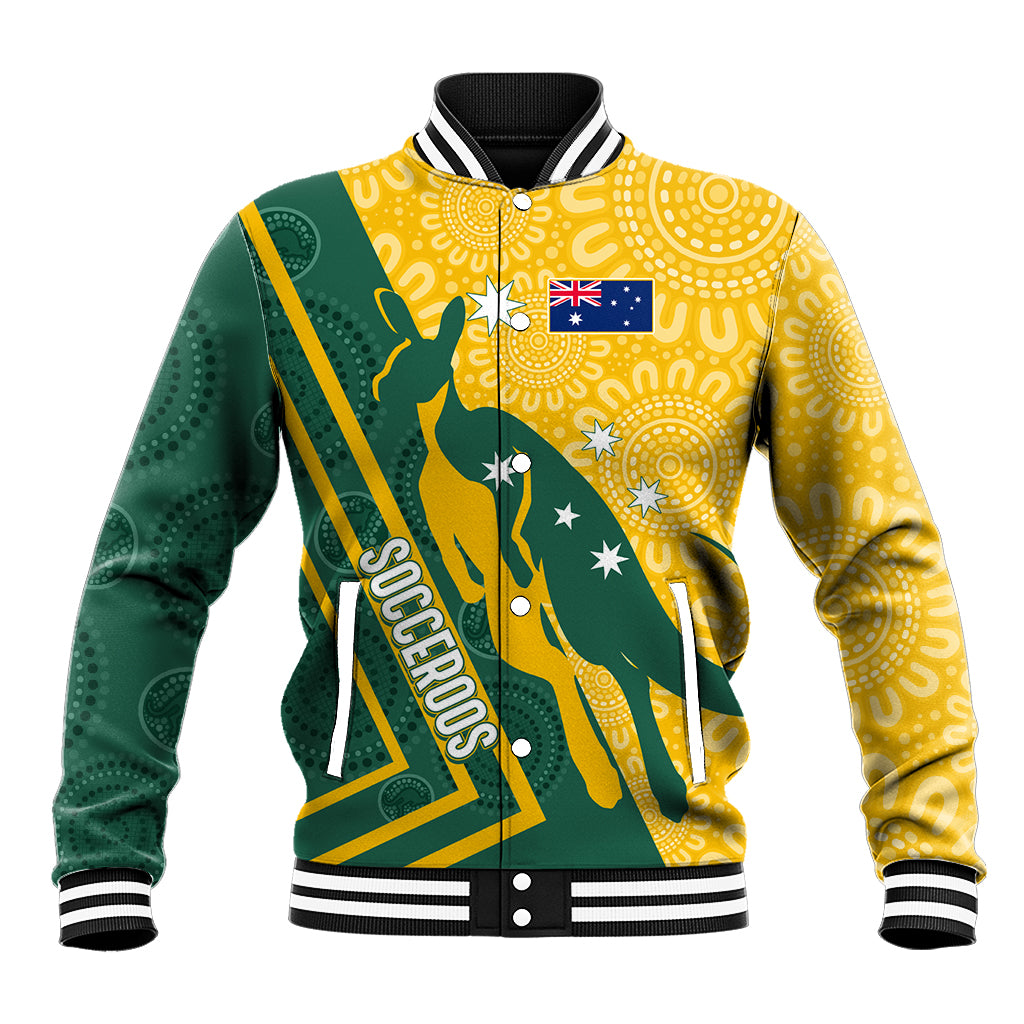 personalised-australia-socceroos-indigenous-baseball-jacket-green-gold