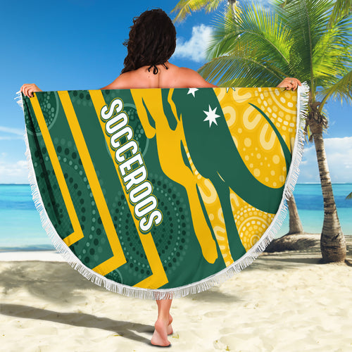 personalised-australia-socceroos-indigenous-beach-blanket-green-gold