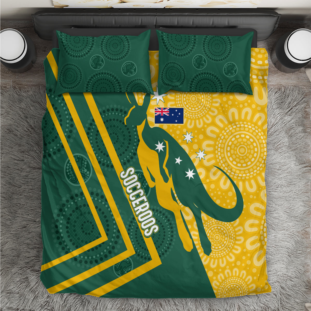 personalised-australia-socceroos-indigenous-bedding-set-green-gold